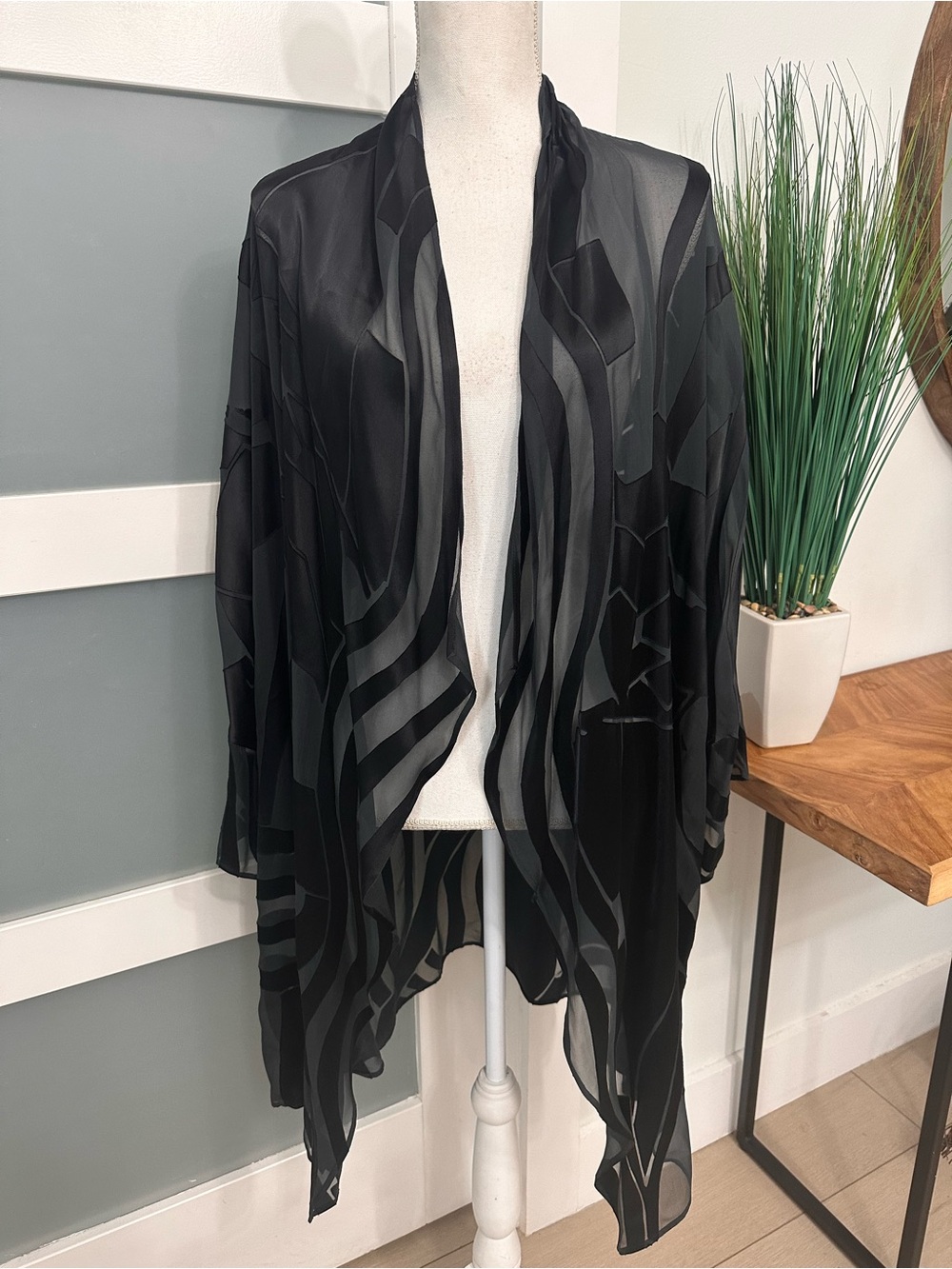 Zonda Nellis Sheer Black Silk Blend Geometric Draped Kimono Duster SZ XL Artsy